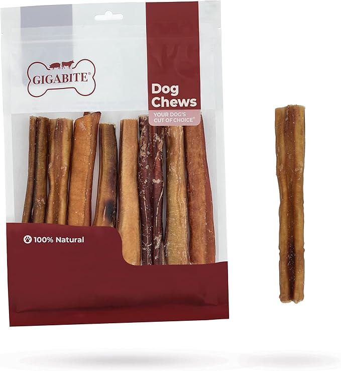 GigaBite Bully Sticks for Dogs All Natural Beef Pizzle Dog Chews, Odor & Rawhide Free Dog Treats, Long Lasting High Protein Chews Digestible Dental Dog Treat - Sticks (Premium 6"), Pack of 8