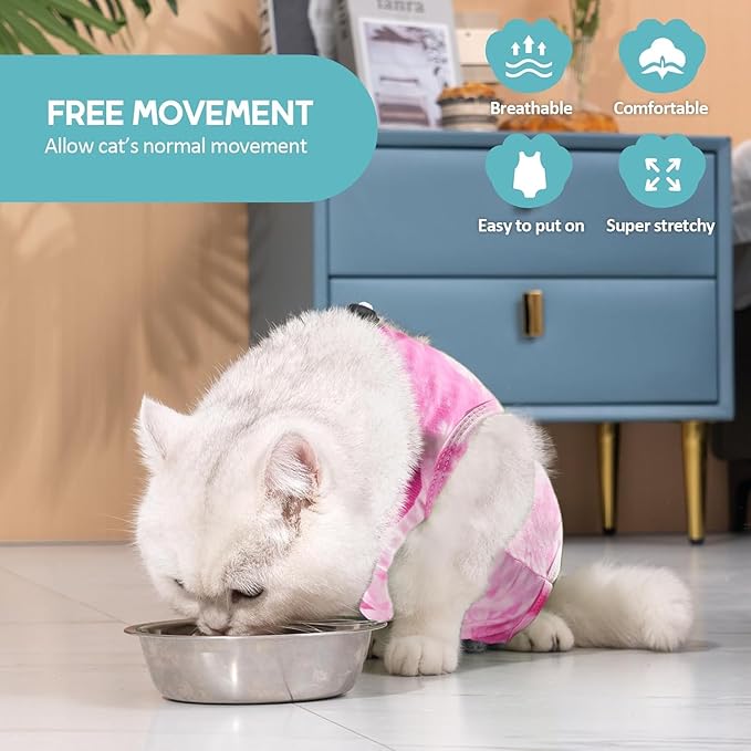 Avont Cat Recovery Suit - Kitten Onesie for Cats After Surgery, Cone of Shame Alternative Surgical Spay Suit for Female Cat, Post-Surgery or Skin Diseases Protection -Tie-dye Pink(S)