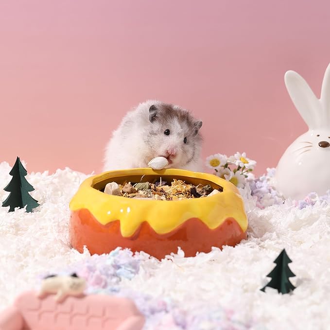 Guinea Pig Food Bowl Hamster Ceramic Water Dish Anti-Spill & Prevent Tipping Rabbit Feeding Bowl for Guinea Pig, Syrian Hamster, Bunny, Rat, Chinchilla, Squirrel, Small Animal (Honey Orange)
