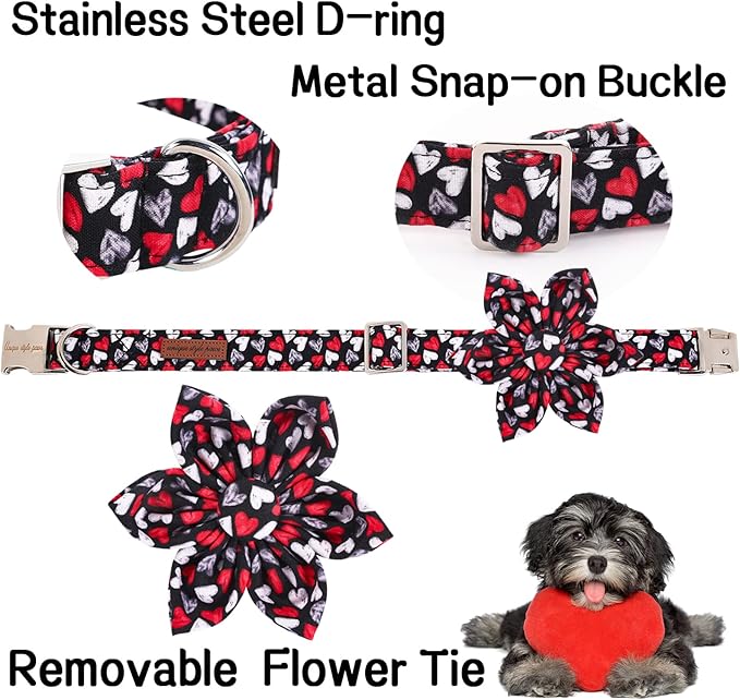 Unique style paws Valentine's Day Dog Collar with Flower Tie Black & Red Heart Puppy Collar Best Gothic Style Gift for Small Medium Large Boys Girls-S