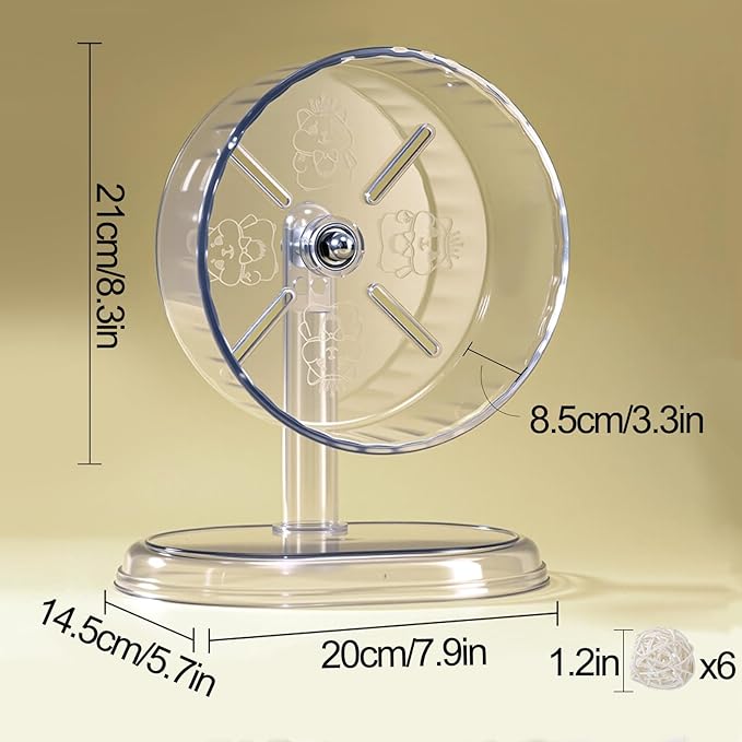 Silent Hamster Exercise Wheel,8.3 Inch Quiet Spinner Hamster Running Wheel,Silent Wheels with Anti-Skid & Adjustable Stand for Gerbils, Mice, or Other Small Pets,Transparent