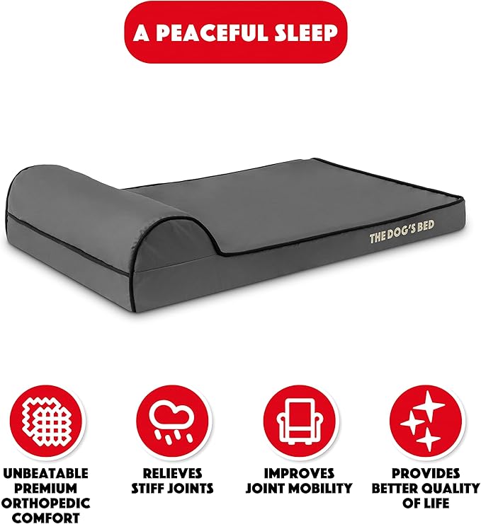 The Dog’s Bed Orthopedic Memory Foam Dog Bed with Headrest, Calming Surface – CertiPUR-Certified Foam, Oxford Fabric,Grey with Black Trim, Medium, 3-Inch