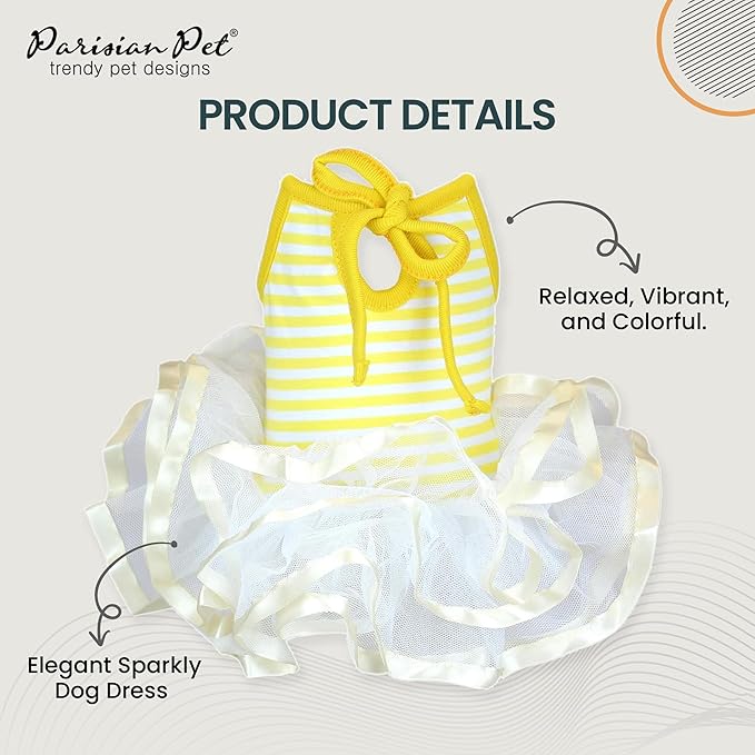 Parisian Pet Ballerina Dog Dress - Summer Clothes for Small Dogs - Comfortable Striped Yellow Pet Dress - Dog Wedding Outfit - Lightweight Puppy Clothes Girl - Designer Dresses for Dogs