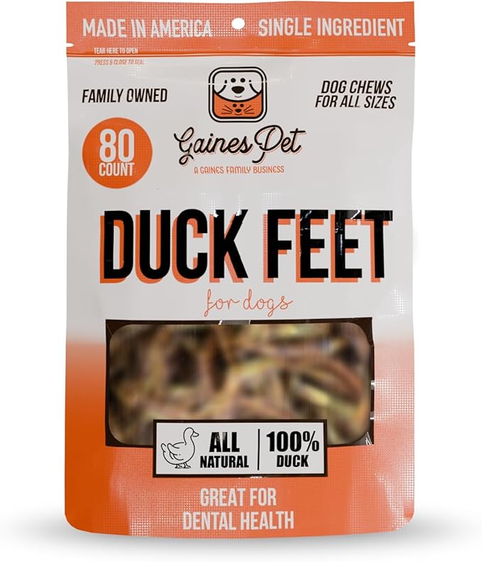 Gaines Pet Duck Feet for Dogs – 80 Count, Natural Chews with Glucosamine, Chondroitin & Collagen – Single Ingredient Dog Treats, Grain-Free, USA Made, Joint & Dental Health Support