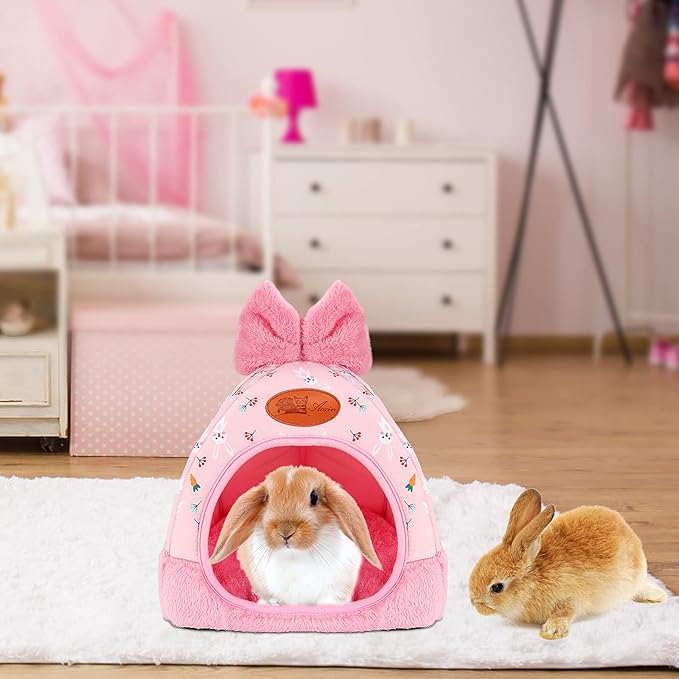 YUEPET Bunny Bed Warm Guinea Pig Cave Beds Cute Bowknot House Big Hideouts Cage Accessorie for Dwarf Rabbits Hamster Bunny Ferrets Rats Hedgehogs Chinchilla(Carrot)