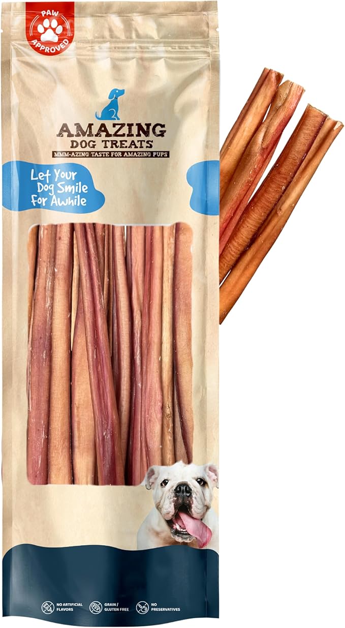 Amazing Dog Treats Bully Sticks 12 Inch - Extra Thick, Long Lasting - 5 Pcs/Pck