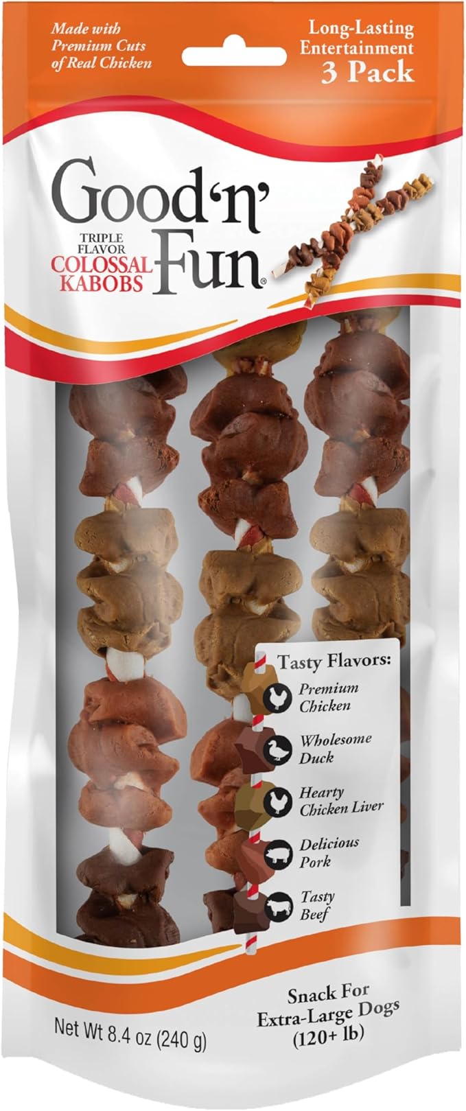GOOD 'N' FUN Triple Flavor Colossal Kabobs Chews for Dogs, 3 Count, Treat Your Extra-Large Dog to Chews Made with Beef Hide, Chicken Liver, Chicken, Duck, Beef and Pork Flavor