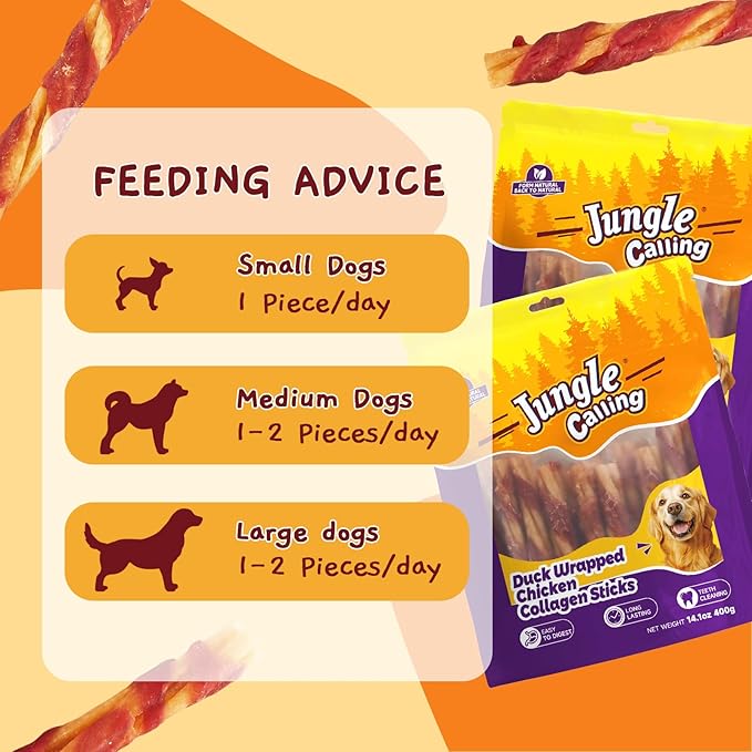 Jungle Calling 5-Inch Chicken Collagen Sticks (22-Count), Long Lasting Dog Chews, Duck Wrapped Dog Treats, Digestible Rawhide Alternative for Small Medium Dogs, Dog Bones for Teeth Cleaning, 14.1oz