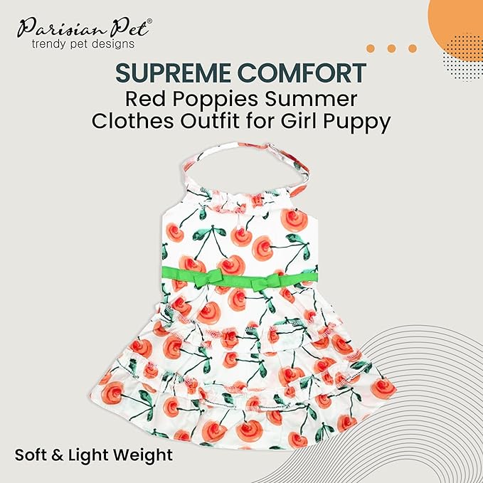 Parisian Pet Floral Dog Dress - Summer Cotton Clothes for Large Dogs Girl - Red Poppies Pet Dress - Stylish Boho Dog Beach Outfit - Adjustable Puppy Clothes - Lightweight Dresses for Dogs