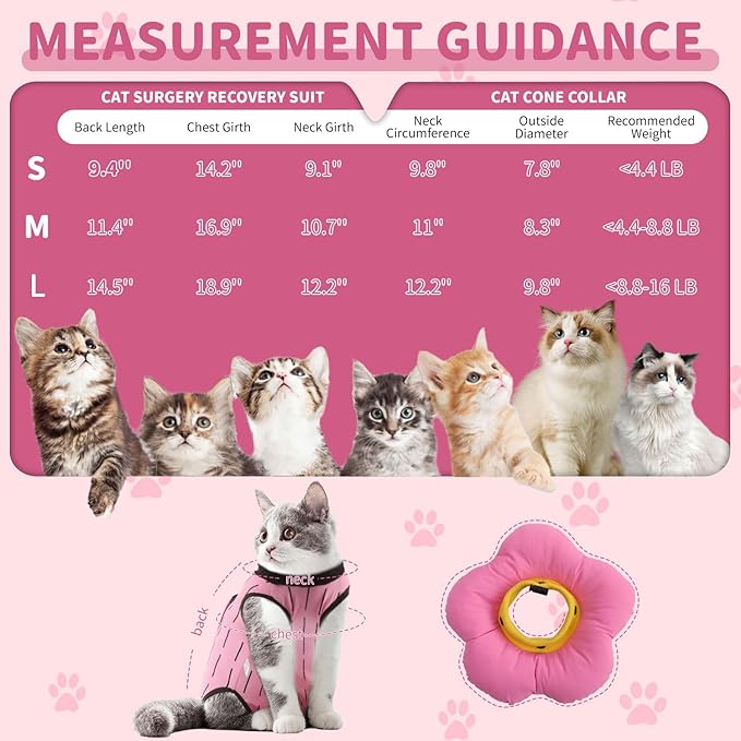 EMUST 2PCS Cat Recovery Suit & Cat Surgery Suit - Soft, Adjustable Flower Collar for Female Kittens Under 4lb (Pink, S)