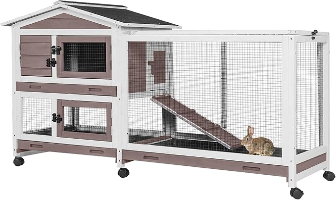 Large Rabbit Hutch Indoor Outdoor, Wooden Rabbit Cage with Wheels, 62'' Mobile Bunny Cage with Chew-Proof Ramp, Pull-Out Tray, Waterproof Roof, Guinea Pig Habitat (Brown)