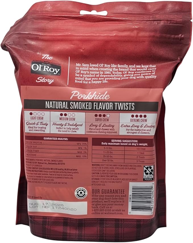 Ol' Roy Porkhide Natural Smoked Flavor Twists Chew Dog Treats, 22 Ounce Bag