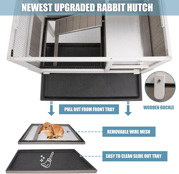 Gowoodhut Elevated Guinea Pig Cage 36.6" H Wooden Outdoor Rabbit Hutch with Wire Netting Above The Pull Out Tray, Detachable Legs Hamster Cage Pet House for Small Animals, Grey