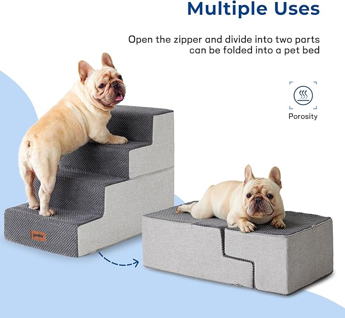 ZOMISIA Dog Stairs for Small Dogs - Pet Stairs 2 in 1 with Zippers Suitable for Couch and Bed, 35D Foam Dog Steps with Non Slip Bottom Grey 4 Steps, Beige