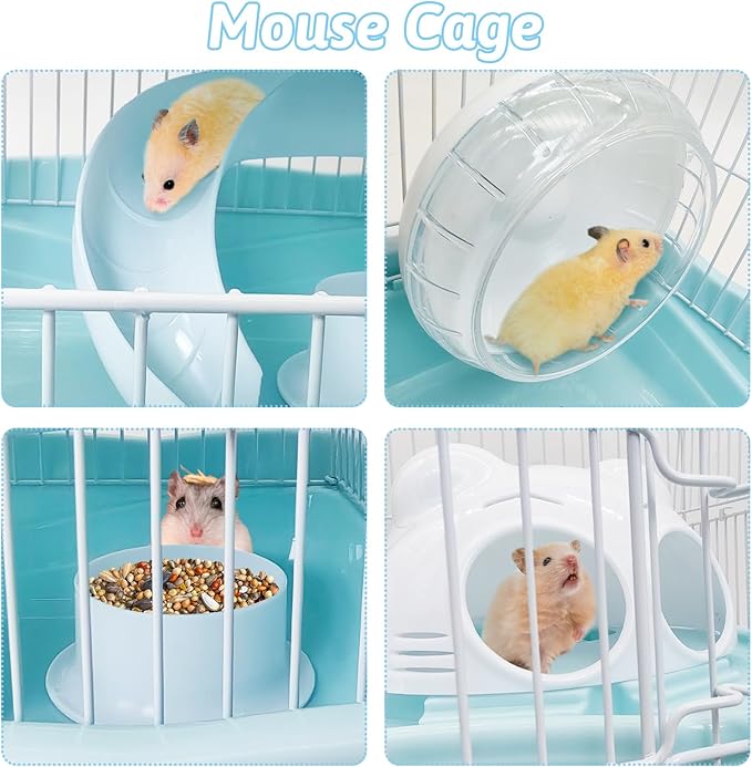 PINVNBY Dwarf Hamster Cage, Small Animal Cages, 2-Tier Travel Portable Mouse Cage Hamster Carrier with Castle House Running Exercise Wheels, Water Bottle and Food Dish（Blue）