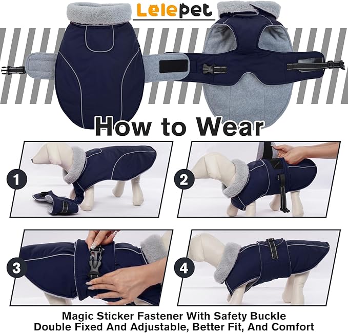 Lelepet Warm Dog Coat Waterproof Dog Jacket for Large Dogs Reflective Fleece Vest with Adjustable Buckle Hook & Loop Windproof Cold Weather Coats for Small Medium Large Dogs, Navy Blue, XL