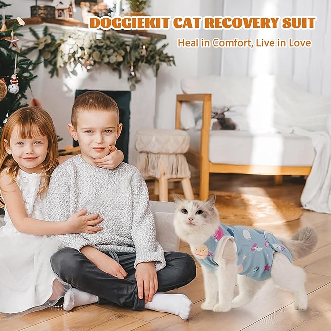 Cat Surgery Recovery Suit, Anti Licking Postoperative Onesie with Roll-Up Design, Soft Breathable Bodysuit Shirt for Female Spay Male Neuter Abdominal Wound Kitten E-Collar Cone Alternative