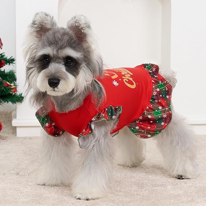 XPUDAC 4 Pack Christmas Dog Dress Plaid Puppy Clothes for Small Dogs Girl Cute Pet Outfit Doggy Apparel Cat Holiday Party Costume, Red, Green, XS
