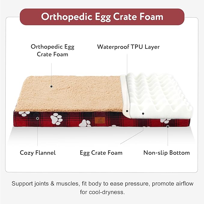 XL Dog Bed for Crate, 41x27 Inch Washable Crate Mat with Removable Cover & Anti-Slip Bottom, Comfy Orthopedic Egg Crate Foam Flat Pet Bed, Christmas Red