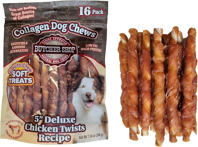 Butcher Shop Collagen Dog Chews 5” Deluxe Chicken Twists Dog Treats (2 Pack - 7.34 oz per Pack)