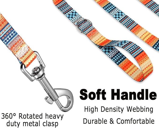Dog Collar and Leash Set with Bohemia Floral Tribal Geometric Patterns - Soft Ethnic Style Collar Adjustable for Small Medium Large Dogs(Bohemian Orange Set,M)