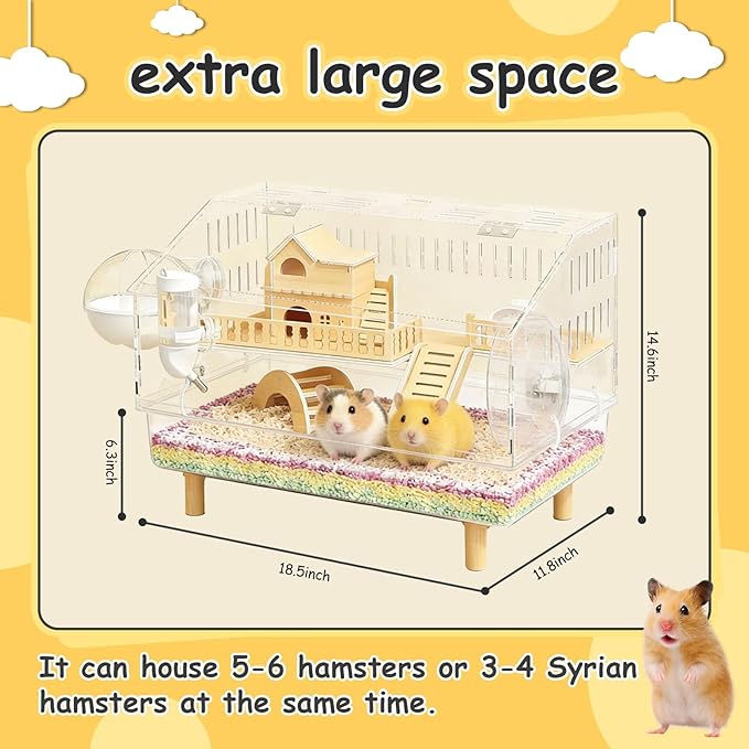 8 in 1 Acrylic Hamster Cage, 2-Tier Gerbil Hamster House, Mouse Syrian Cages, Large Critter Nation Cage with Accessories, Clear Jaula para Used for Dwarf, Bucatstate, Pet Mice (18.5"x11.81"x14.56")