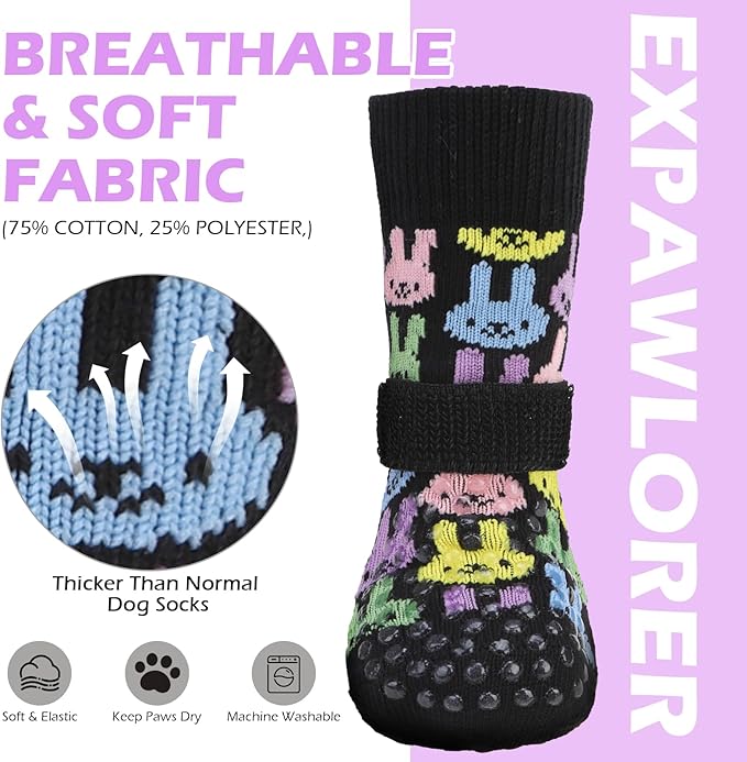 EXPAWLORER Anti Slip Dog Socks to Prevent Licking Paws, Dog Shoes for Hot Pavement, Dog Booties for Small Medium Large Senior Dogs, Traction Control Boots & Paw Protectors for Hardwood Floors Easter L