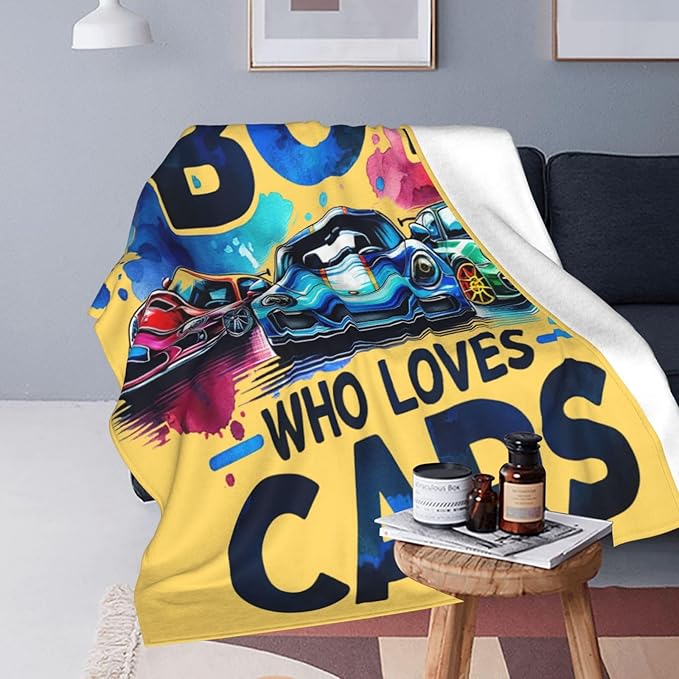 SweetFox Just A Boy Who Loves Cars Blanket, Cars Decor Throw Blanket Gifts for Girls Boys Lovers Super Warm Soft Plush Fleece Flannel Winter Bedding Blankets for Kids Adults Men Women 60"X50"
