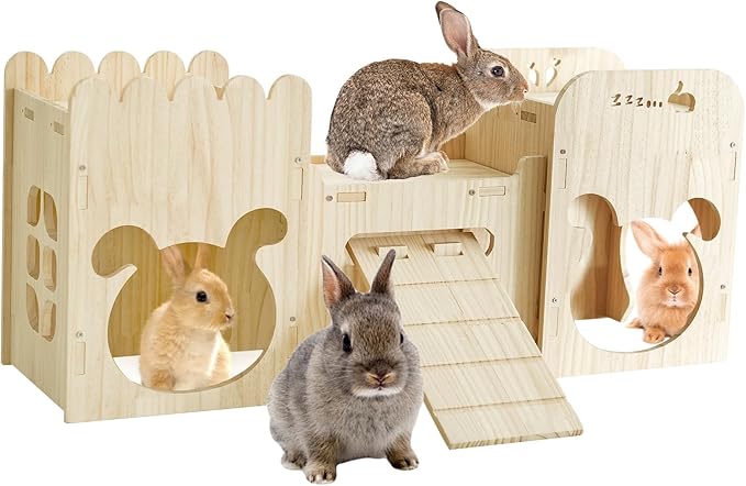 Large Natural Wooden Rabbit Castle,Bunny House,Detachable Rabbit Hideaway, Indoor Hamster Castle with Ramp, Small Animal Houses & Habitats for Guinea Pig Chinchilla Ferret