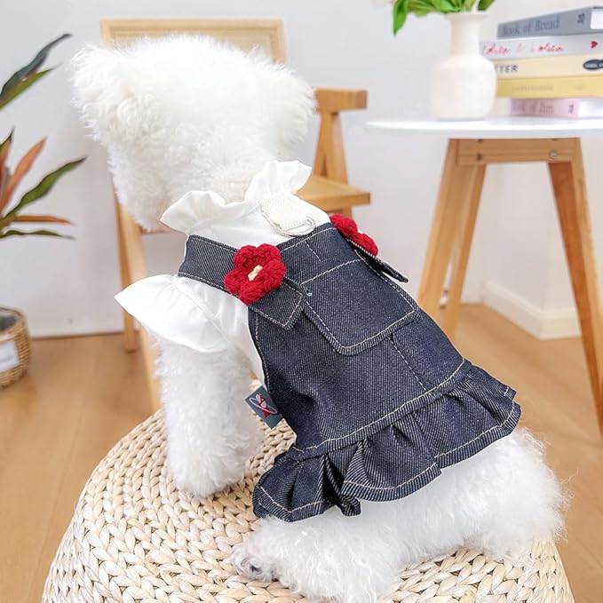ANIAC Denim Small Puppy Dress 3D Flowers Girl Dog Clothes with D-Ring and Pocket Female Cat Harness Dresses Cute Shih Tzu Yorkies Chihuahua Outfits Summer Pet Clothing (X-Large)