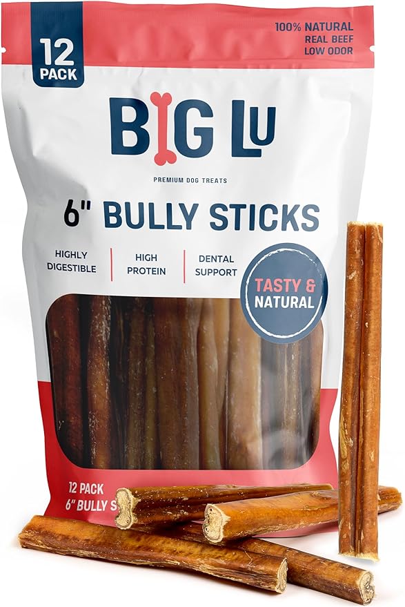 Big Lu - 6” Bully Sticks, 12 Count, Long-Lasting, Low-Odor, 100% Grass-Fed Beef Chews for All Dog Breeds, Natural Single-Ingredient, Fully Digestible Treats
