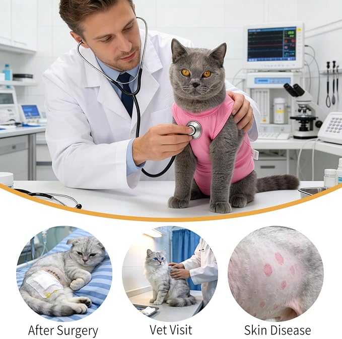 HEYWEAN Cat Recovery Suit Soft Onesie After Surgery for Female Male Cats Breathable Spay Abdominal Wound Protection Cone Alternative (Pink, Small)