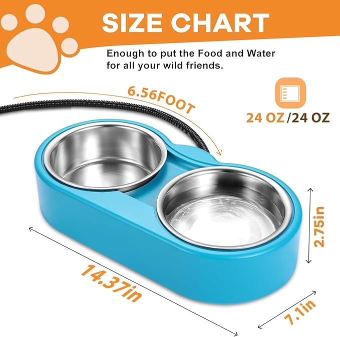 Heated Cat Bowl – Double Removable Stainless Steel Bowls, Freeze-Proof Water & Food, Overheat Protected, Chew-Resistant Cord, UL Listed