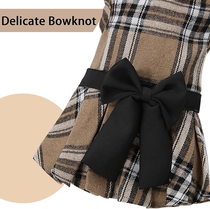 Pet Dresses for Small Dogs Cats Girl, Cute Princess Bowknot Dress Puppy Shirt All Weather Skirt Clothes Cat Apparel for Birthday Wedding Party Holiday (Khaki&Black, X-Small)