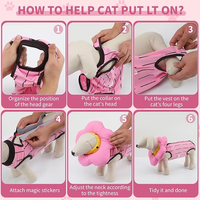 EMUST 2PCS Cat Recovery Suit & Cat Surgery Suit - Soft, Adjustable Flower Collar for Female Kittens Under 4lb (Pink, S)