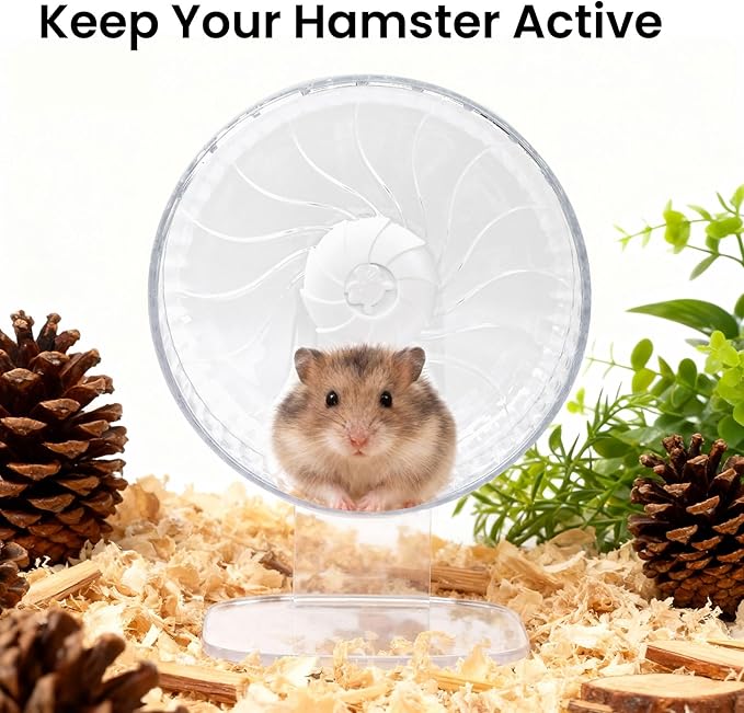 Silent Hamster Wheel, 8in Hamster Wheel with Adjustable Stand, Double-Bearing Quiet Spinner for Syrian Hamsters, Hedgehogs, Mice & Small Pets, Clear