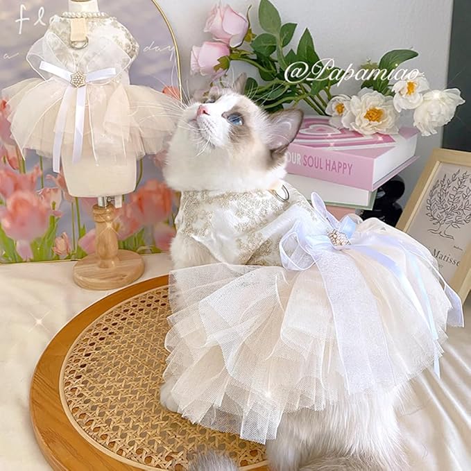 ANIAC Embroidered Dog Dress for Small Dog,Girl Puppy Princess Tutu Dress with Leash Ring,Cat Apparel,Chihuahua Yorkie Clothes for Birthday Wedding (Small, Champagne)