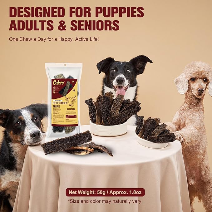 Green Beef Tripe Dog Treats, Grass-Fed Free-Range Beef Tripe, Single Ingredient Chews, Gently Air-Dried Natural Dog Snacks, High Protein, Highly Palatable, for Puppies, Adult & Senior Dogs