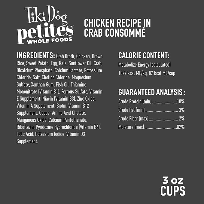 Tiki Dog Petites Whole Foods Wet Dog Food, Chicken in Crab Consomme, 3 oz. Cup (4 Count)