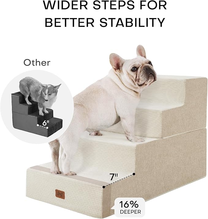 ABCPET Dog Stairs for High Bed, Dog Steps for Bed Couch Sofa, 35D Foam Extra Wide Pet Steps for Small Dogs and Cats, Pet Stairs with Non-Slip Bottom Beige, 4 Steps