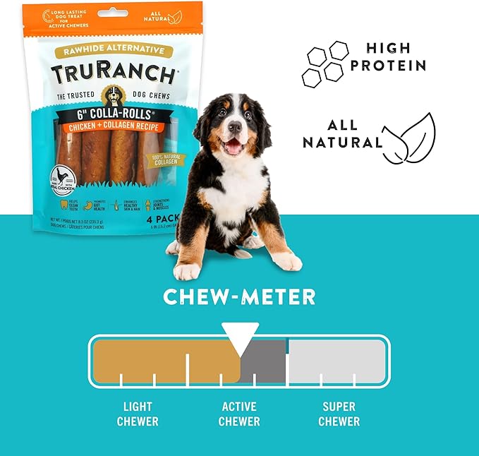 TRURANCH Collagen Rolls - 6" Collagen Rolls for Dogs - Long Lasting Healthy Joint Support - Rawhide Alternative - Skin & Coat Health - Made with Real Chicken, Value Pack, 15 Bags, 60 Count