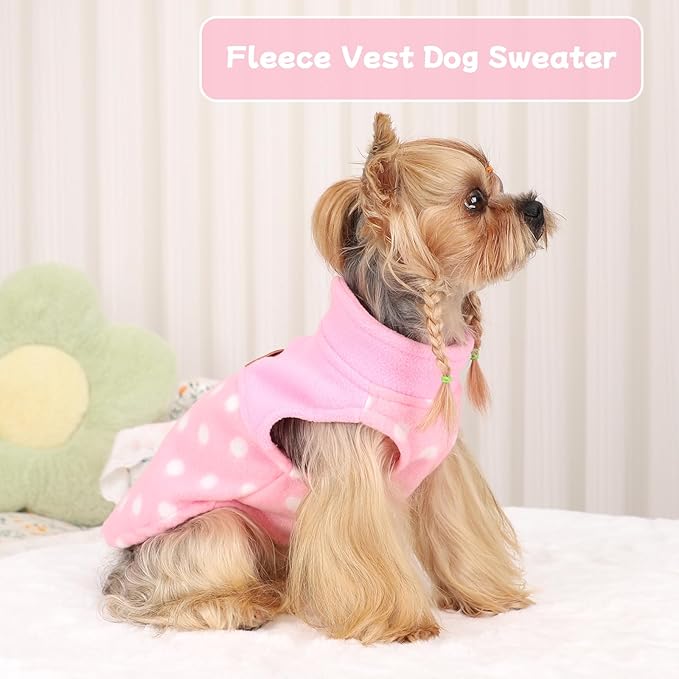 DaFuEn Dog Sweater, Dog Fleece Vest Winter Coat for Boy Girl, Pet Clothes Pullover, Soft Stretchy Puppy Sweater, Yorkie Teacup Chihuahua Jacket (Pink Polka Dots, XS)