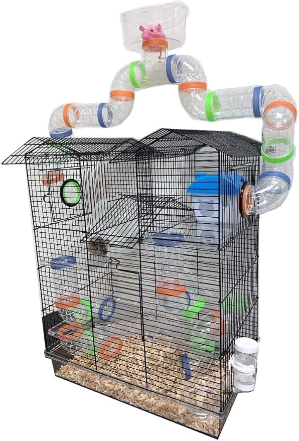 Large Clear Transparent Expandable and Customizable Habitat Dwarf Syrian Hamster Rodent Gerbil Mouse Mice Critter Cage With Top Play Zone Hide House Exercise Wheel Water Bottle Deep Acrylic Clear Base