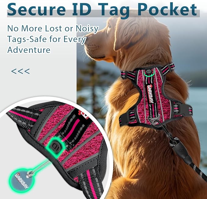 BARKBAY Dog Harness No Pull with ID Tag Pocket - Heavy Duty, Reflective, Easy Control for Large Dogs(Pink/Black,L)