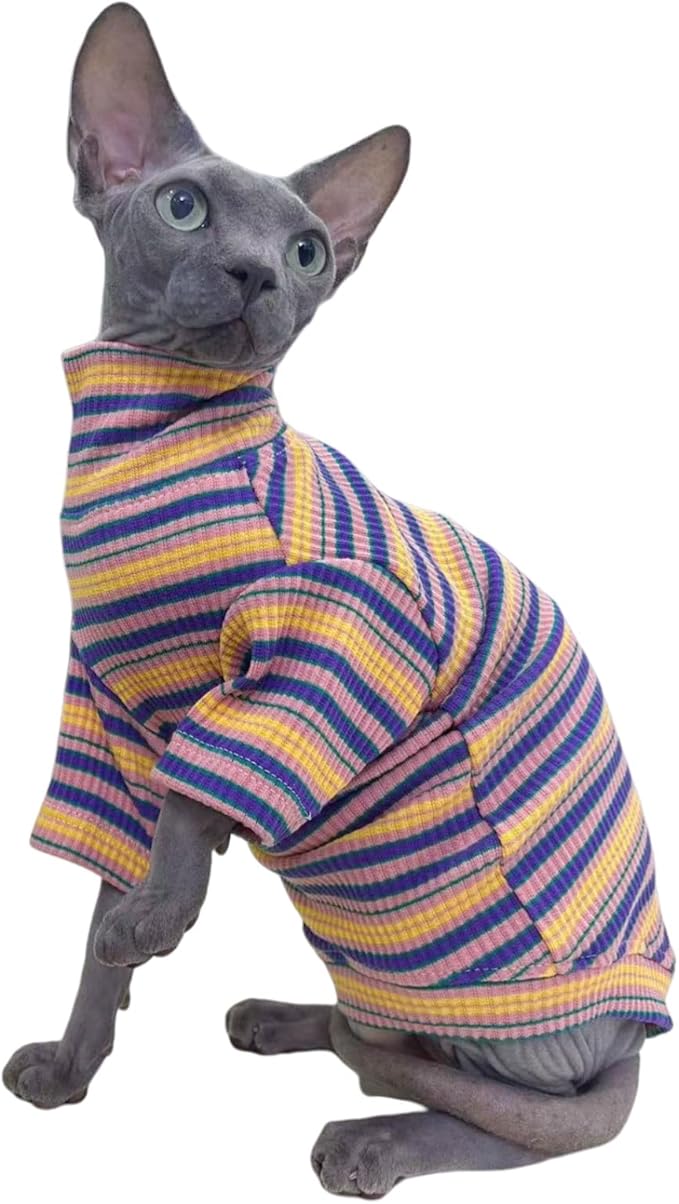 Turtle Neck Vintage Stripes Sphynx Hairless Cat Cotton T-Shirts Pet Clothes Vest Kitten Shirts Sleeveless, Cats & Small Dogs Apparel (Rose Garden, XXL (13-16 lbs))