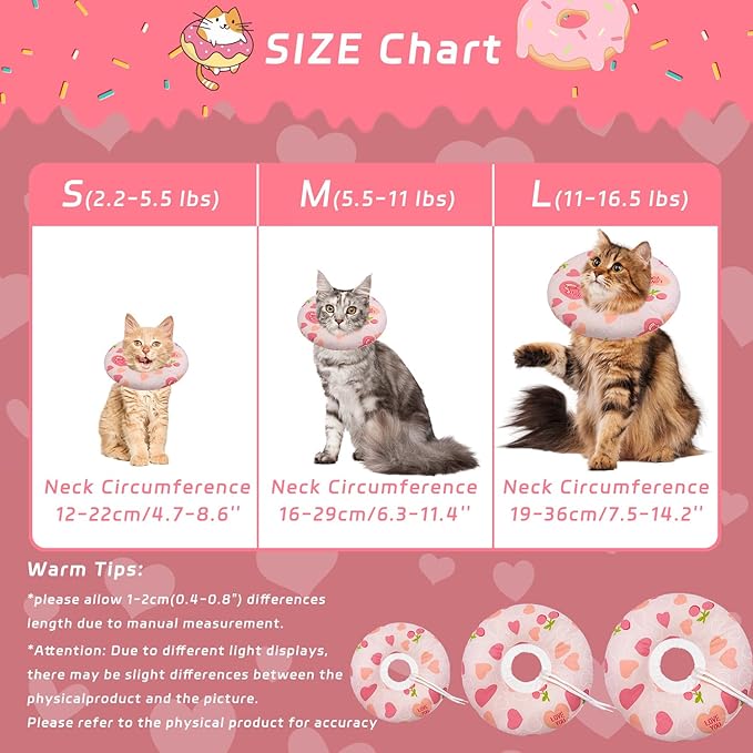 Seyezo Cat Cone Soft Collar, Adjustable Cat Recovery Collar for Small Medium Large Cats, Cute Donut E Collar After Surgery, Anti-Lick Wound Healing Elizabethan Collar for Kittens (Pink Heart, Large)