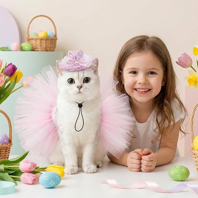 2 Pcs Easter Costume Set for Pet Rabbit Ear Hat Puppy Tutu Skirt for Small Dog Cat Party Dress Accessories Supplies
