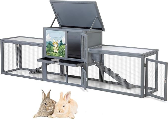 COZIWOW Rabbit Hutch Outdoor, 94.5" Extra Large Bunny Hutch, 2-Story Wooden Rabbit Cage Indoor for 2 or More Bunnies with Pull-Out Tray & Weatherproof Roofs (Grey)