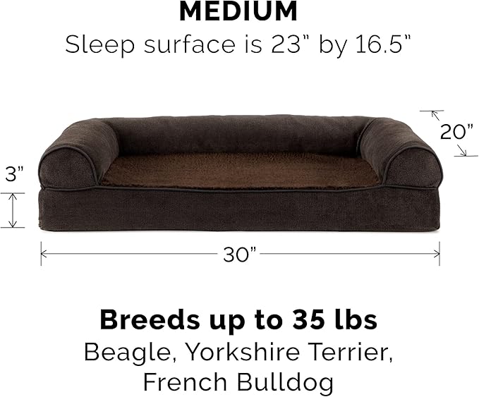 Furhaven Memory Foam Dog Bed for Medium/Small Dogs w/ Removable Bolsters & Washable Cover, For Dogs Up to 35 lbs - Sherpa & Chenille Sofa - Coffee, Medium