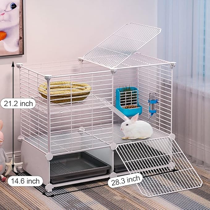 Choowin 2-Story Small Rabbit Cage Bunny Hutch Guinea Pig Cage Small Animals Cage, Metal Wire Netting Villa with Pull-Out Tray, Indoor Habitat Cage for Ferret Chinchilla Hedgehog, White